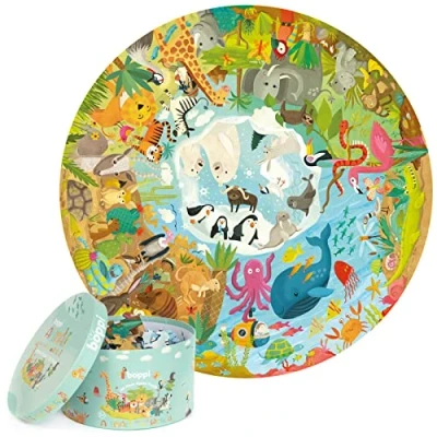 Afbeelding van Dieren over de wereld ronde puzzel 150 stukjes 58cm diameter gemaakt van recycled karton