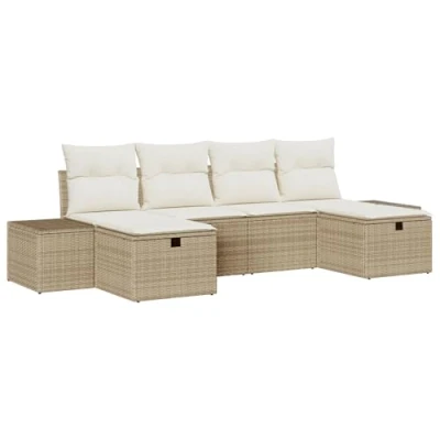 Afbeelding van vidaXL 6 delige tuinbankset met kussens Beige Poly Rattan