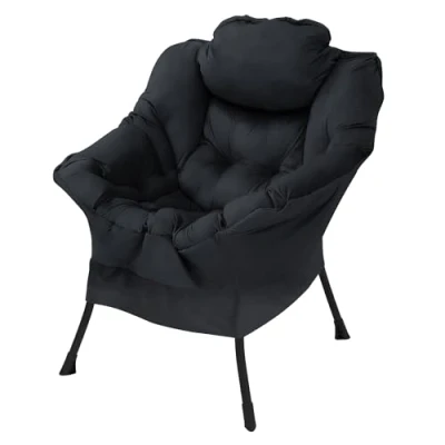 Afbeelding van Relax fauteuil zwart met armleuningen en dik hoofdkussen metalen frame Loungestoel tot 120 kg ML design