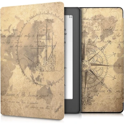Afbeelding van kwmobile E reader hoesje geschikt voor Kobo Aura H2O Edition 2 hoes flip case met magnetische sluiting Ereader cover Vintage Travel design in bruin / lichtbruin