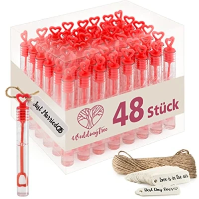 Afbeelding van WeddingTree 48 zeepbellenflessen met hartvormige steel, zeer schattig voor bruiloft, doop, verjaardag, gouden verloving, Valentijnsdag, feest, rood