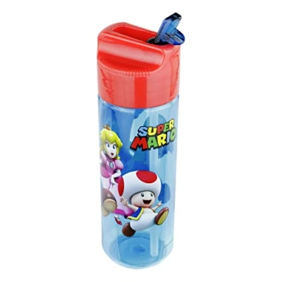 Afbeelding van P:os 33165 drinkfles voor kinderen ca. 540 ml, transparant ontwerp met Super Mario motief en ingebouwd opvouwbaar rietje, plastic, BPA ftalaatvrij