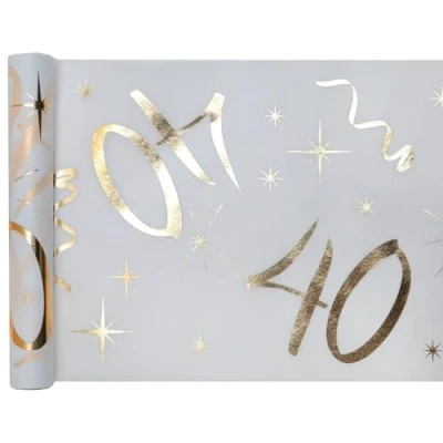 Afbeelding van Santex tafelloper wit goud 40 jaar 30 cm x 5 m decoratieve stof banner tafelkleed