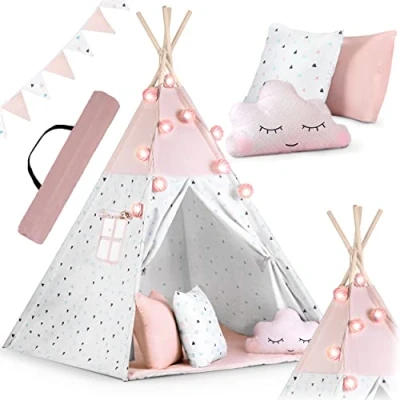Image de NUKIDO Ricokids Tipi pour enfant de style Montessori en coton et cadre bois avec tapis isolant, 3 coussins, guirlande aérée, 120 x 165 cm, rose