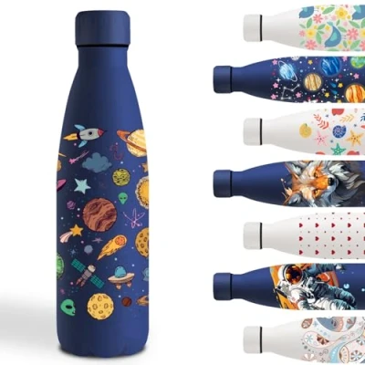 Afbeelding van Thermosfles voor kinderen, 500 ml, gepersonaliseerde thermosfles, metalen fles, lekvrij, staal, school, kantoor, camping, fietsen, raket, donkerblauw