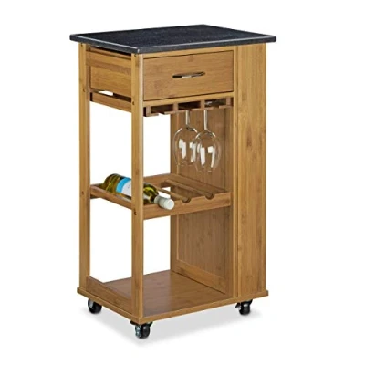 Afbeelding van Relaxdays serveerwagen bamboe &amp; marmer, keukentrolley, butler trolley, bediening