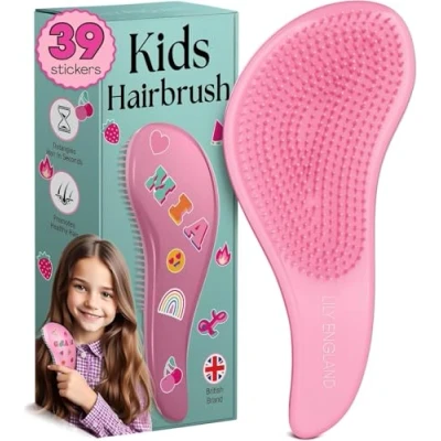 Afbeelding van Lily England haarborstel voor kinderen met 39 stickers aanpasbare peuters lichte meisjes in aantrekkelijke roze kleur borstel