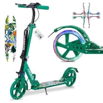 Afbeelding van AREBOS kick scooter stadsstep kinderstep volwassen groen met led banden