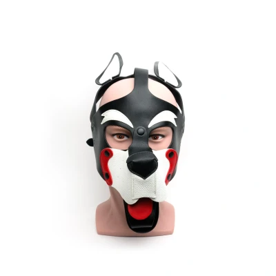 Afbeelding van 665 Leather Hood Puppy Play Masker PU Leer Nikkelvrij Zwart Rood Wit One Size