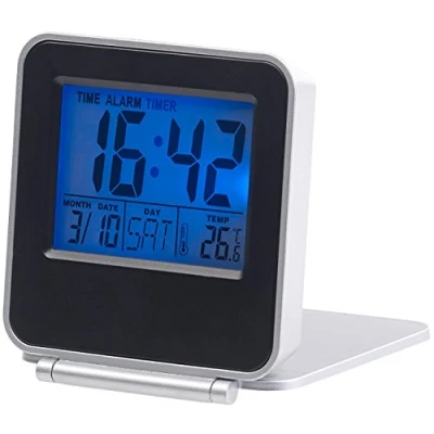 Afbeelding van PEARL Wekker: compacte digitale reiswekker met thermometer, kalender en timer (mini led klok batterij, opvouwbare reiswekker, temperatuurweergave)