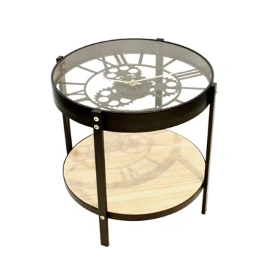 Afbeelding van Home Deco Factory HD6446 Salontafel ronde klok zwart beige en transparant metaal hout glas klein model D 40,5 x H 39 cm