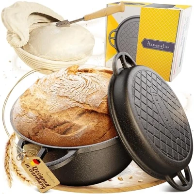 Afbeelding van FLAVEMOTION® gietijzeren pan voor het bakken van brood, startset met rijsmand, bakkersmes en broodrecepten kookpot deksel 26 cm, broodpan, broodbakpan, pan, pot, Broodbakvorm