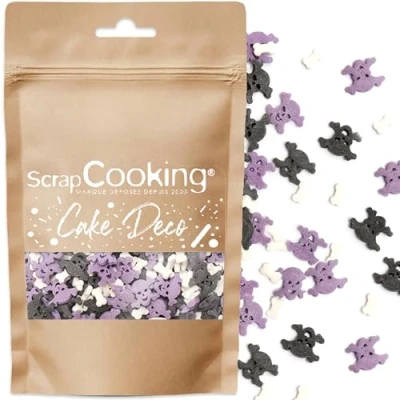 Afbeelding van scrapcooking Pot met zoete decoraties, botten en doodshoofd, decoratie, gebak, Halloween, zwart, paars, 50 g