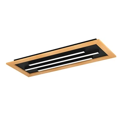 Afbeelding van EGLO Tirrenara led plafondlamp, dimbare plafondlamp met afstandsbediening, FSC100HB, rechthoekige lamp voor woonkamer en hal, hout, zwart metaal kunststof, wit, warm koud wit
