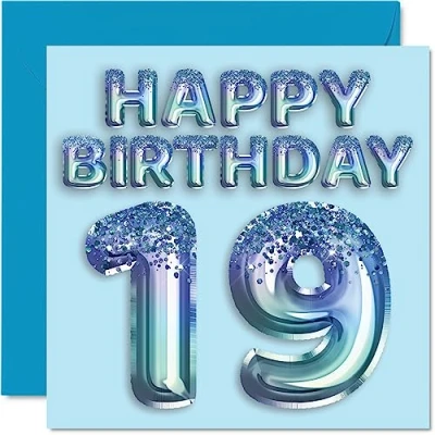 Afbeelding van Verjaardagskaart 19e verjaardag mannen blauwe glitter ballon verjaardagskaarten voor van 19 jaar, broer, zoon, neef, oom, 145 mm x mm, wenskaarten negentiende