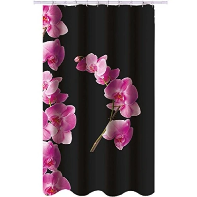 Afbeelding van MSV, Douchegordijn, polyester, antibacteriële coating, inclusief ringen, wasbaar op 30, waterdicht, machinewasbaar, badkamergordijn, bloemen zwart en roze, 180 x 200 cm