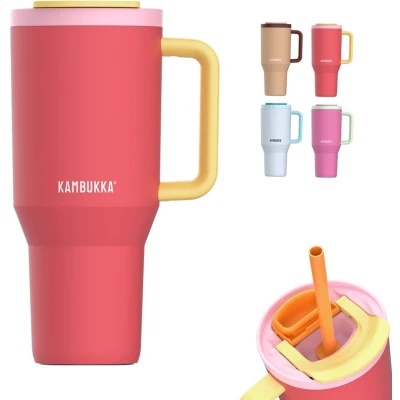 Afbeelding van Kambukka Rio Tumbler 950ml Pink Papaya waterfles met Telescopisch rietje Lek proof BPA vrij