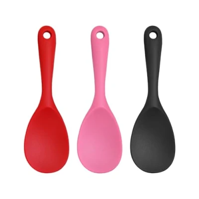 Afbeelding van Set van 3 Siliconen keukenlepels rijstlepels Serveerlepels Grote ronde koplepel Rijstlepel met lange steel Keukengerei (roze, zwart,