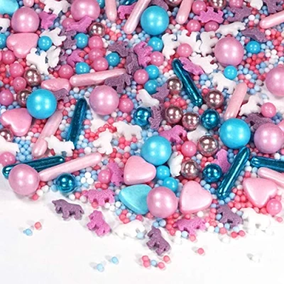 Afbeelding van Streusel Eenhoorn, roze, lichtblauw, 90 g, van Strusel GLÜCK kleurrijke sprinkles, perfect als taartdecoratie en kerstkoekjes voor kinderverjaardag
