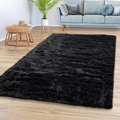 Afbeelding van Vloerkleed Woonkamer Hoogpolig Langpolig Zacht Soft Modern Eenkleurig Design, Kleur: Zwart, Maat:120x170 cm