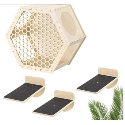 Afbeelding van Navaris 4 delige kattenklimwand Katten muur 1 x Hexagon kattenmand 3 planken voor de klimmuur Triplex hout