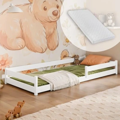 Afbeelding van Kinderbed Vloerbed 80x160 cm met uitvalbescherming &amp; lattenbodem Montessoribed Kinderjeugdbed Eenpersoonsbed inclusief matras wit andere maten 90x190 I 90x200 120x200 140x200