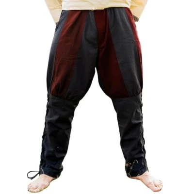 Afbeelding van Leonardo Carbone® Viking Magnus broek met beenveters, middeleeuwse Vikingbroek, kostuum, festivaloutfit, rollenspel, cosplay, vrije tijd, 100% katoen, Zwart/Rood