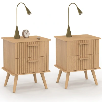 Image de Lot de 2 tables chevet tiroirs lattes tasseau bois coloris chêne IDMarket