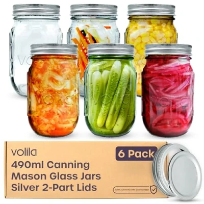 Afbeelding van volila Mason Jar met deksel 490 ml (6 stuks) glazen pot 2 delen voor luchtdichte afdichting overnight oats pot, pikkelpotten en conservenpotten