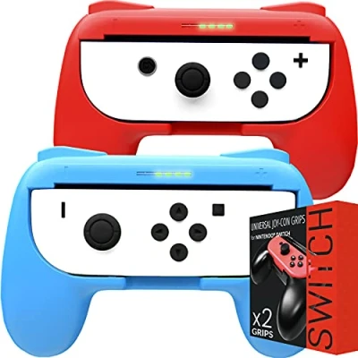 Afbeelding van Orzly Grips (handgrepen) compatibel met Nintendo Switch Joy Cons voor meer comfort Twin Pack (1 x rood 1 blauw) Con rechts of links Switch.