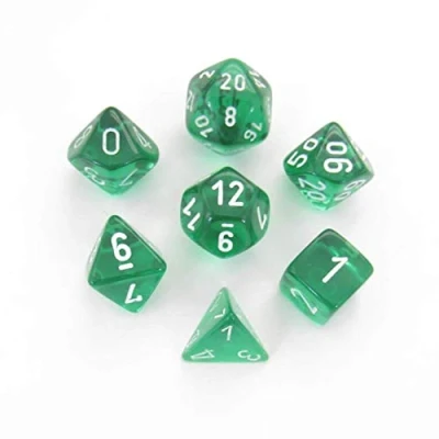 Afbeelding van Chessex Doorschijnend Groen/wit Polydice Dobbelsteen Set (7 stuks)