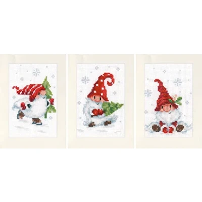 Afbeelding van Kerstkabouters in de Sneeuw Kaarten set van 3 Aida Vervaco Telpakket PN 0189708