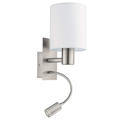 Afbeelding van EGLO LED wandlamp PASTERI, 2 lamps textiel wandarmatuur, materiaal: staal, stof, kleur: nikkel mat, grijs, wit, fitting: E27, incl. schakelaar en flexibel leeslampje