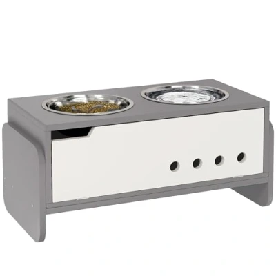Afbeelding van PawHut Gamelle surélevée Pour chien Hauteur réglable sur 3 niveaux avec espace de rangement Tapis anti glouton 2 bols en acier inoxydable l chiens taille moyenne à