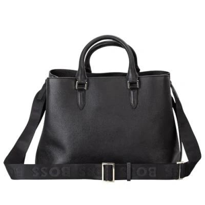 Afbeelding van BOSS Leren Schoudertas Handtas met laptopvak Alyce Business Tote Black Zwart