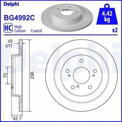 Afbeelding van DELPHI BG4992C Remschijf 296 11 5 volledig Gecoat High carbon Zonder wiellager, ABS sensorring HONDA: CIVIC 9