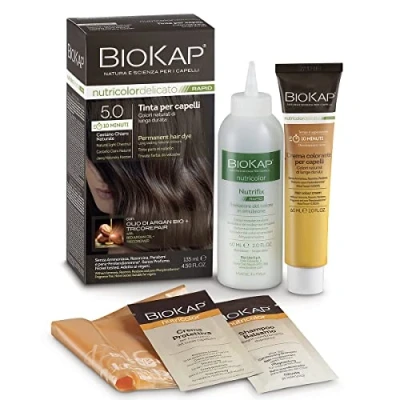 Afbeelding van BIOKAP RAPID Permanente haarverf 5.0 natuurlijke kastanjes lichtbruin slechts 10 minuten inslagtijd biologische arganolie brei complex veganistisch optimale grijsdekking tot 80%