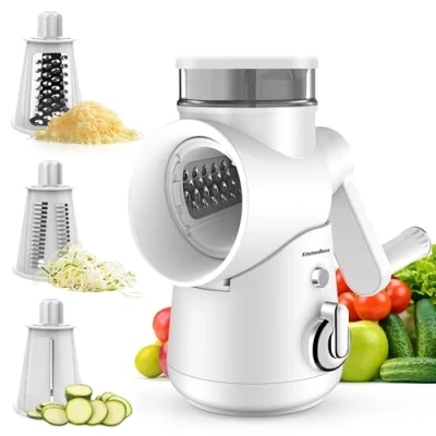 Afbeelding van KitchenBoss Mandoline à légumes manuelle, râpe fromage, tambour 3 en 1, convient pour de nombreux types et fruits, contient lames acier inoxydable, avec manivelle