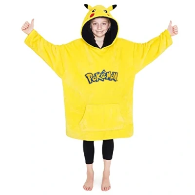 Afbeelding van Pokemon Pikachu Charizard Trui voor kinderen, oversized fleece sweatshirt, warme plaid poncho, jongeren, eenheidsmaat, geel/zwart