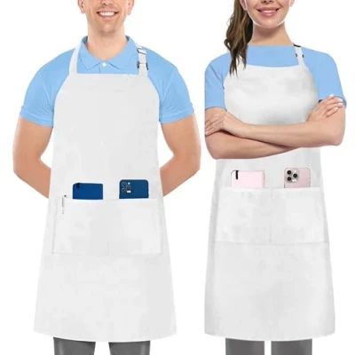 Afbeelding van Utopia Kitchen Set van 2 verstelbare slabbetjesschorten met zakken, water en oliebestendig, kookkoksschort voor vrouwen mannen, Wit.