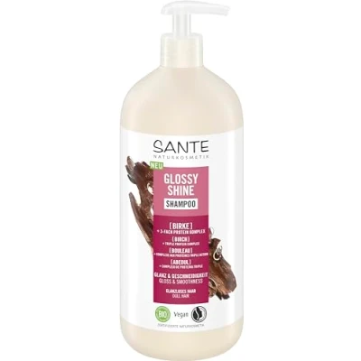 Afbeelding van SANTE Naturkosmetik Glossy Shine Shampoo met biologisch berkenbladextract + drielaags eiwitcomplex, veganistische en hydraterende verzorging voor meer glans zachtheid, notengeur