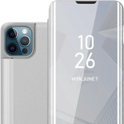 Afbeelding van Cadorabo Hoesje geschikt voor Apple iPhone 13 in AGAAT ZILVER Clear View Spiegel Beschermende Case met Tribunefunctie 360 Graden Bescherming Book Cover Etui