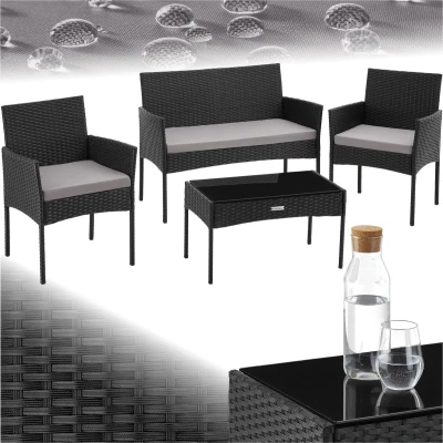 Afbeelding van tectake® Wicker tuinset Palese Zitgroep voor 4 personen Tuinmeubelset met loungebank, tuintafel en 2 tuinstoelen inclusief zitkussens Tuinmeubelen Waterafstotend Zwart