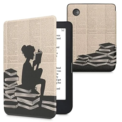 Afbeelding van kwmobile E reader hoesje geschikt voor Kobo Clara 2E hoes flip case met magnetische sluiting Ereader cover Meisje boeken design in zwart / beige