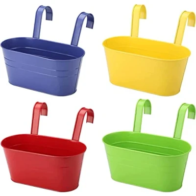 Afbeelding van 4 x metalen hangende bloempotten, 27,5 cm plantenpotten, bloemenemmer, plantenbak om op te hangen met verwijderbare haak voor balkon, hek, tuin (4 kleuren)