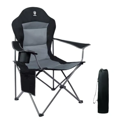 Afbeelding van EVER ADVANCED vouwbare campingstoel oversized gewatteerde arm inklapbaar stalen frame hoge rugstoel met bekerhouder zijtas zware ondersteuning 136kg (Z&#039;wart 1)