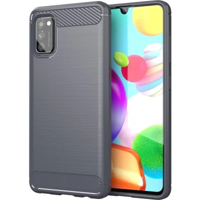 Afbeelding van Cadorabo Hoesje geschikt voor Samsung Galaxy A41 in BRUSHED GRIJS Beschermhoes van flexibel TPU siliconen roestvrij staal carbonvezel look Case Cover