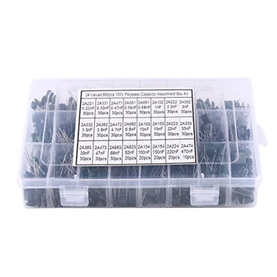 Afbeelding van Set met 660 stuks 24 waarden condensatoren, mylar folie, gesorteerd, 100 V, 0,22 uF 470 uF, voor doe het zelf elektronica