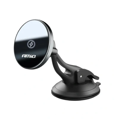 Afbeelding van AMiO Magnetische Telefoonhouder met 15W Qi Draadloze Oplader en MagSafe Verstelbare Arm Zuignap Zwart