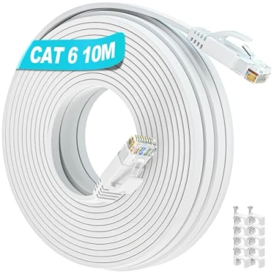 Afbeelding van Soibke Ethernet kabel, 10 m, Cat 6, voor buiten, RJ45 plat, internetkabel, high speed 1000 Mbps, netwerkkabel, RJ45, wit, binnen, extra lang, ethernetkabel router